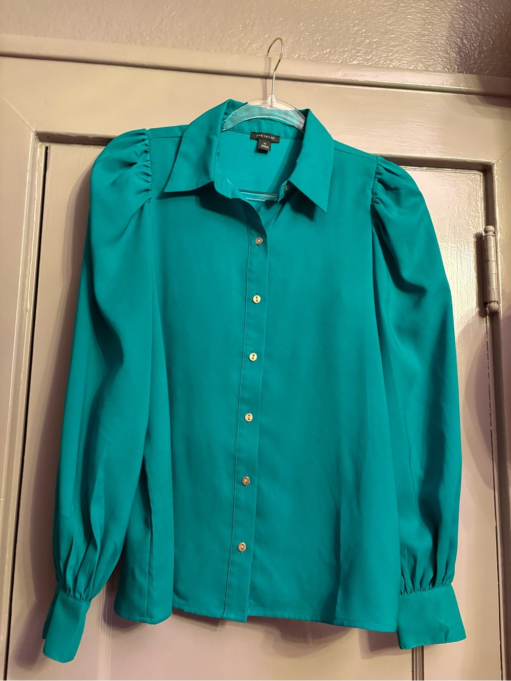 Ann Taylor Teal Green Puff-Sleeve Button-Front Blouse XS